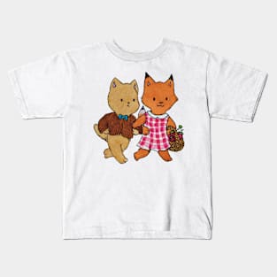 cat and fox strawberry cottagecore illustration Kids T-Shirt